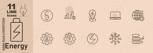 Energy set icon. Leaf on clipboard, eco gear, atom, energy eye, solar panel, network, smartphone with battery, battery charge, gear with bolt, power bank