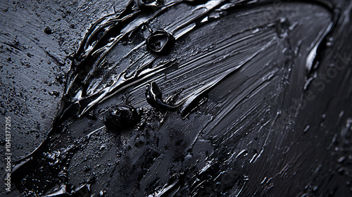 A highly detailed black acrylic paint texture featuring swirling circular patterns and thick, dynamic brushstrokes.  photo