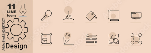 Design set icon. Tools related to design: magnifier, 3D cube, paint dropper, image crop, sliders, and color adjustment