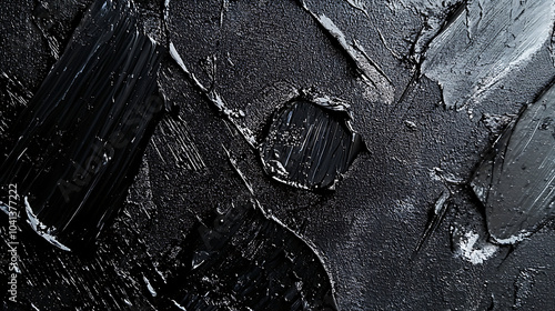 A highly detailed black acrylic paint texture featuring swirling circular patterns and thick, dynamic brushstrokes.  photo