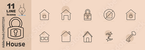 House set icon. Simple house illustrations, lock, key, no entry sign, home construction, hand with house, key icon.