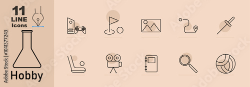 Hobby set icon. Icons for leisure activities: gaming console, flag in hole, painting, camera, movie projector, volleyball, magnifier, journal