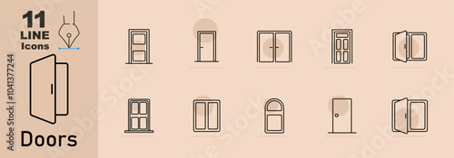 Doors set icon. Collection of door styles including front doors, sliding doors, windowed, arched, and open doors.