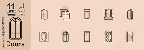 Doors set icon. Various door designs: open, closed, sliding, arched, and panel doors.