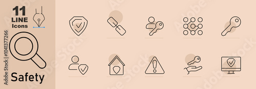 Safety set icon. Magnifying glass, key in hand, user with shield, key, shield with check, warning, broken chain, house with shield, security camera, user with key, computer shield.