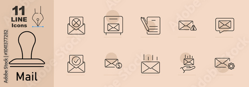 Mail set icon. Leaf with letter, envelope, open letter, notification letter, letter with speech bubble, outgoing mail, message sent, inbox, mail system.
