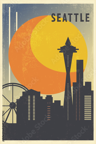 Seattle retro city poster with abstract shapes of skyline, buildings. USA, Washington state vintage travel vector illustration, cityscape at sunrise, sunset