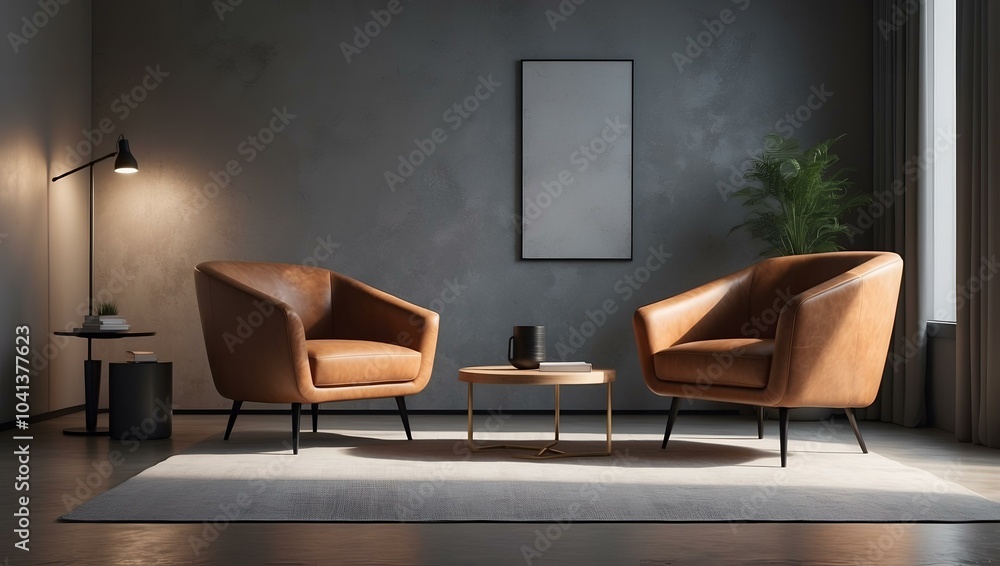 Modern living room interior with two brown armchairs, wooden table, and wall art Modern living room interior with two brown armchairs, wooden table, and wall art
