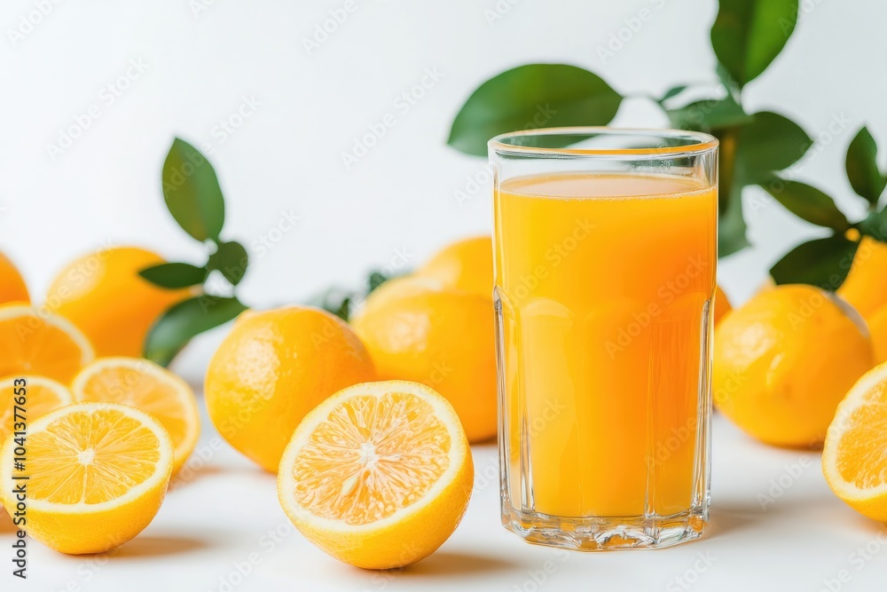 Glass of Orange Juice with Fresh Oranges and Lemon Slices Glass of Orange Juice with Fresh Oranges and Lemon Slices