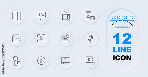 Video hosting icon. Pause, TV, vintage TV, mobile video, message, focus frame, camera, magnifier, play button, browser player, video link. Broadcasting,production, streaming, media, digital content