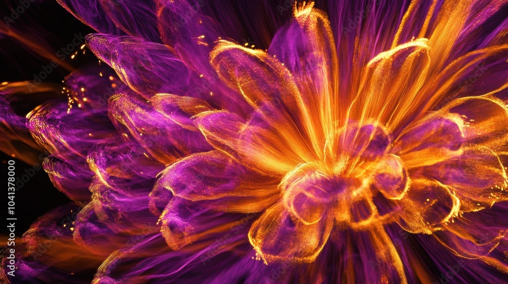 A realistic, highly detailed image of fireworks bursting in vibrant purple and yellow, with intricate light trails fanning out. A realistic, highly detailed image of fireworks bursting in vibrant purple and yellow, with intricate light trails fanning out.