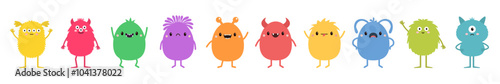 Cute monster set line. Colorful silhouette monsters. Happy Halloween. Kawaii cartoon funny boo character. Different face. Teeth, eyes, horns, hands. Childish style. Flat design White background Vector