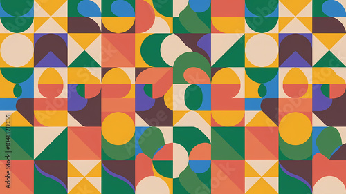 Wallpaper Mural Colorful abstract geometric pattern featuring a blend of shapes like circles, triangles, and rectangles in vibrant hues of orange, green, blue, and yellow, creating a lively design. Torontodigital.ca