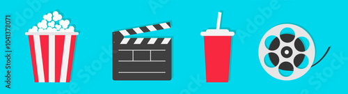 Popcorn box package. Soda drink glass. Open clapper board. Movie reel. Cinema Movie icon sign symbol set. Banner Invitation template. Isolated. Blue background. Flat design. Vector