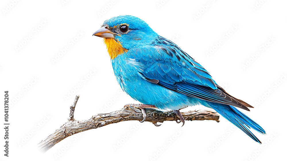 A close-up image of a blue bird perched on a small branch, isolated against a white background A close-up image of a blue bird perched on a small branch, isolated against a white background