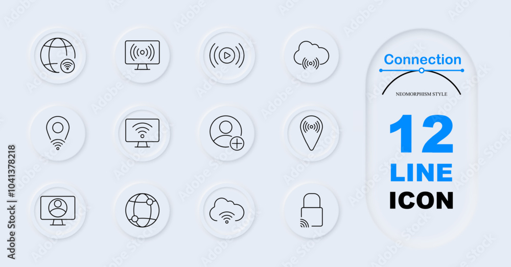 Connection set icon. Globe with Wi-Fi, monitor signal, play button, cloud connection, location signal, Wi-Fi locked, monitor user, user plus, online activity. Internet services, user access. Connection set icon. Globe with Wi-Fi, monitor signal, play button, cloud connection, location signal, Wi-Fi locked, monitor user, user plus, online activity. Internet services, user access.