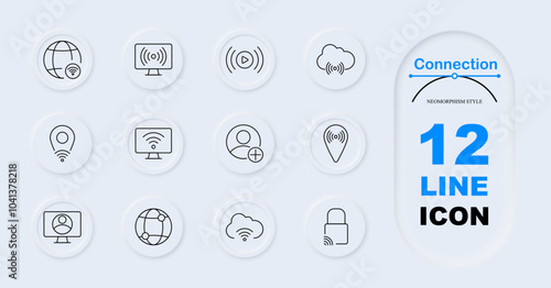 Connection set icon. Globe with Wi-Fi, monitor signal, play button, cloud connection, location signal, Wi-Fi locked, monitor user, user plus, online activity. Internet services, user access.