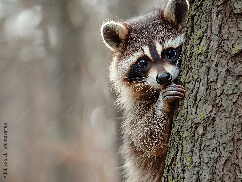 Curious Raccoon Peeking Out from Behind a Tree Displaying Resourcefulness and Inquisitiveness Curious Raccoon Peeking Out from Behind a Tree Displaying Resourcefulness and Inquisitiveness