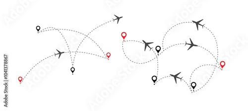 Airplane line path, Path travel dotted line trip dashed trace destination track plan and silhouette, travelling symbol vector illustration