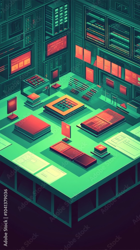 Isometric view of a futuristic tech room with computers, servers, and monitors, highlighting the theme of data processing and technological advancement. Isometric view of a futuristic tech room with computers, servers, and monitors, highlighting the theme of data processing and technological advancement.