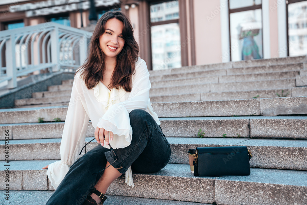 Fototapeta premium Young beautiful smiling hipster woman in trendy summer white blouse and jeans. Carefree woman posing in the street in sunny day. Positive model outdoors. Cheerful and happy, sits at stairs