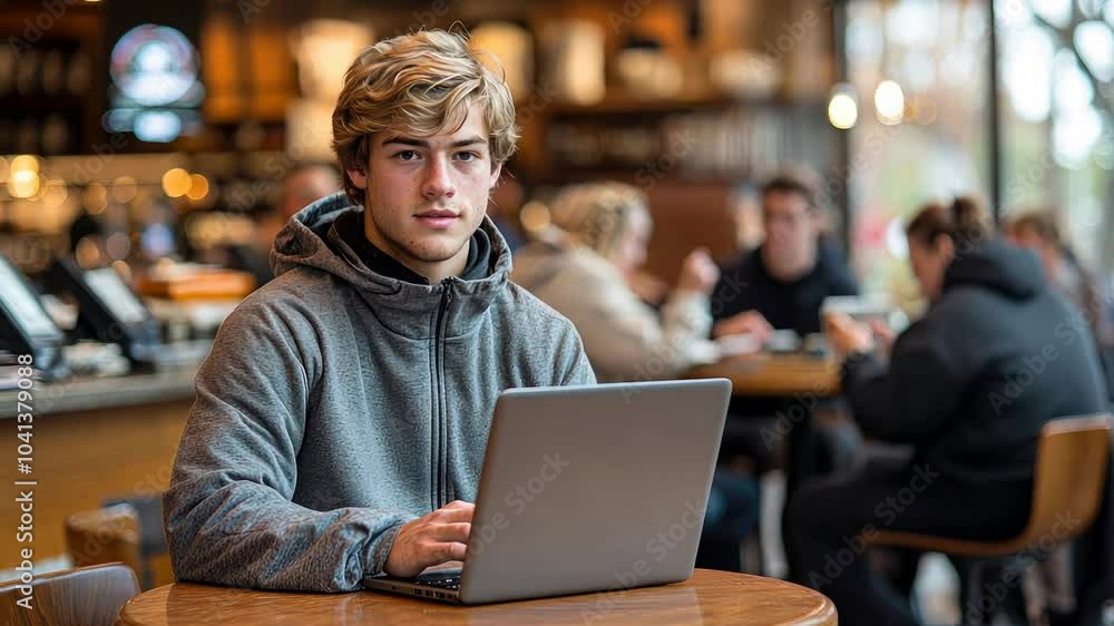 A student focuses on his studies at a cafe, typing on his laptop while others around him enjoy their drinks and conversations A student focuses on his studies at a cafe, typing on his laptop while others around him enjoy their drinks and conversations