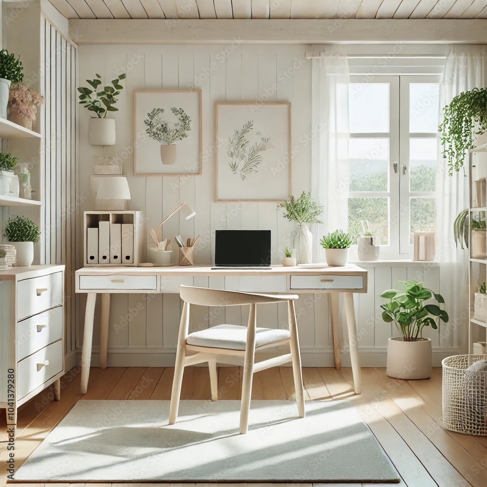 A bright and airy home office for remote work with a Scandinavian design. The workspace features a white wooden desk with a minimalist laptop setup A bright and airy home office for remote work with a Scandinavian design. The workspace features a white wooden desk with a minimalist laptop setup