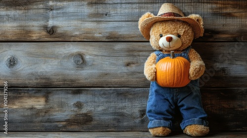 Autumn Teddy Bear with Pumpkin photo