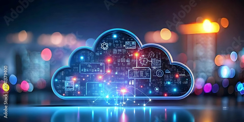 Cloud Technology Transforming Business Operations Soft Abstract Background with Icons Bokeh Effect - Ideal for Branding, Marketing, and Copy Space Concepts in Photo Stock Art