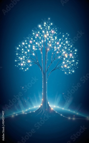 Digital Data Network Tree of Knowledge Light in Blue Teal Cosmic Space Background