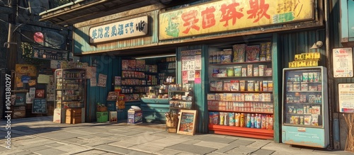 Fototapeta Naklejka Na Ścianę i Meble -  A small store with a blue facade and shelves stocked with various goods. There are several signs written in Japanese and a vending machine on the sidewalk.