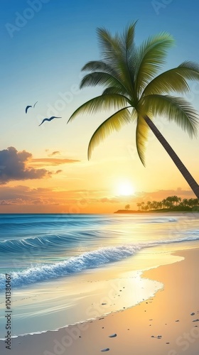 Palm Tree and Golden Sunset Over a Tropical Beach.