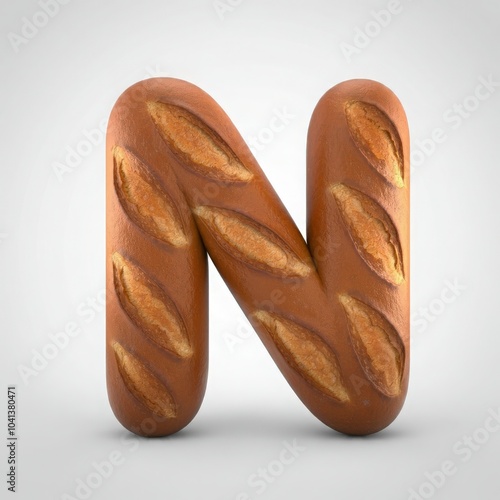 Letter N made from baguette bread on a clean white background, perfect for bakery promotions, creative food typography, and artisanal bread-inspired graphic designs. photo