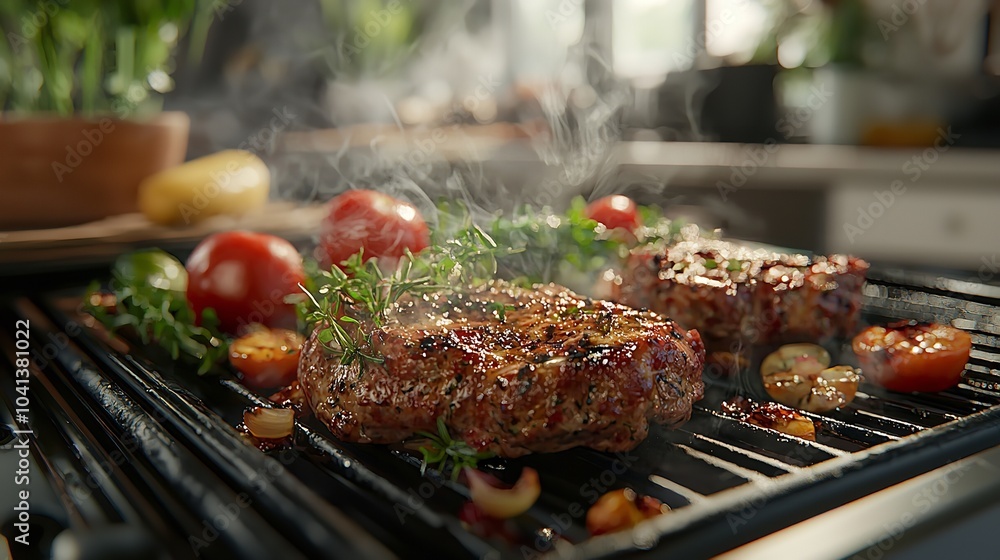 The meat is cooked on a grill The meat is cooked on a grill