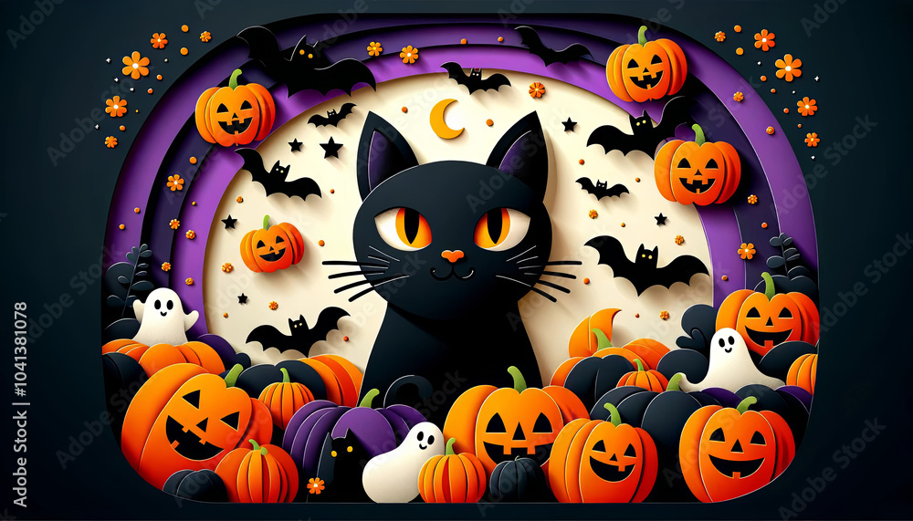 Halloween-Themed Background with Black Cat, Pumpkins, Ghosts, and Bats. Halloween-Themed Background with Black Cat, Pumpkins, Ghosts, and Bats.
