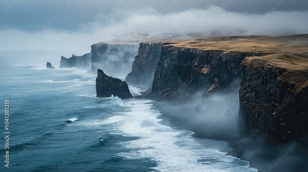 Dramatic Foggy Coastline with Rugged Cliffs and Waves Dramatic Foggy Coastline with Rugged Cliffs and Waves