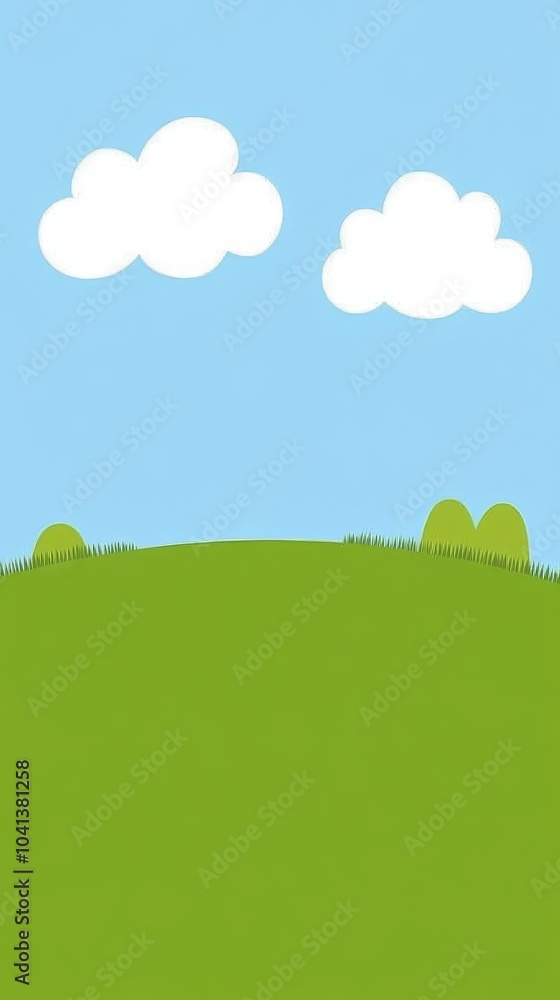 Simple cartoon illustration of a grassy hill with two clouds in a blue sky. Simple cartoon illustration of a grassy hill with two clouds in a blue sky.