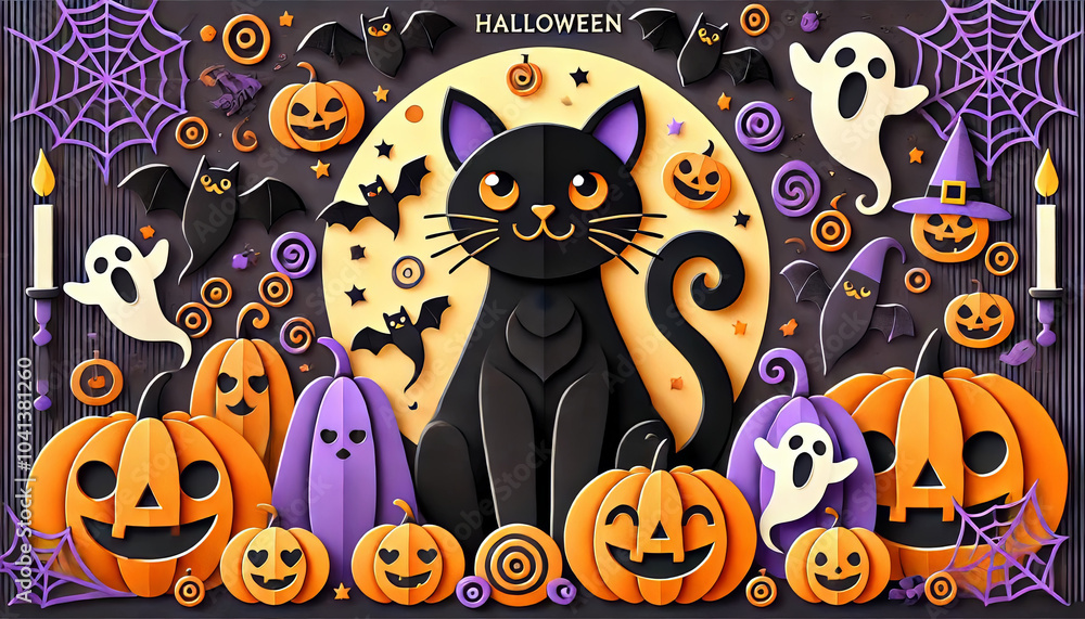Halloween-Themed Background with Black Cat, Pumpkins, Ghosts, and Bats. Halloween-Themed Background with Black Cat, Pumpkins, Ghosts, and Bats.