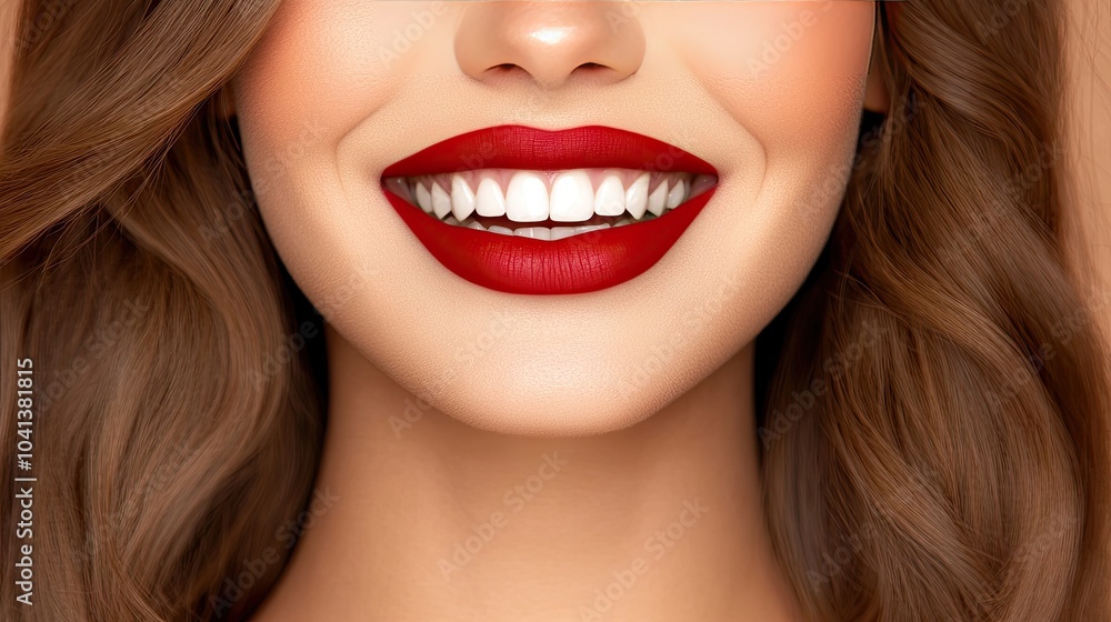 A woman's lips coated in glossy red lipstick, smiling to reveal perfectly white teeth, radiating confidence and style. A woman's lips coated in glossy red lipstick, smiling to reveal perfectly white teeth, radiating confidence and style.