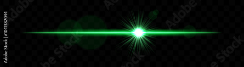 Bright green horizontal light flare with lens effect. Shining burst, luminous beam, optical flash, glowing streak, radiant glow, transparency.