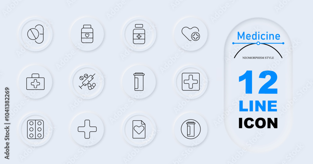 Medicine set icon. Pill, heart label bottle, cross label bottle, heart and cross, first aid kit, syringe with pills, medicine bottle, medical cross, pill pack, medical cross, prescription with heart Medicine set icon. Pill, heart label bottle, cross label bottle, heart and cross, first aid kit, syringe with pills, medicine bottle, medical cross, pill pack, medical cross, prescription with heart