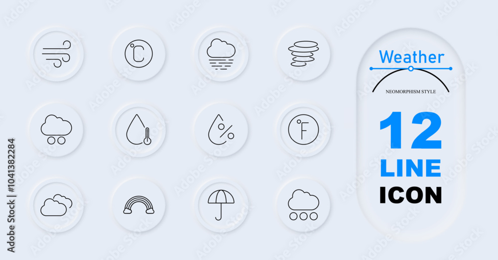 Weather icon. Wind, temperature circle, cloud with fog, whirlwind, raincloud, raindrop with thermometer, humidity, temperature in Fahrenheit, clouds, rainbow, umbrella, raindrops. Weather conditions Weather icon. Wind, temperature circle, cloud with fog, whirlwind, raincloud, raindrop with thermometer, humidity, temperature in Fahrenheit, clouds, rainbow, umbrella, raindrops. Weather conditions