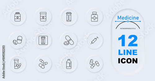 Medicine set icon. Prescription bottle, cross label container, medication jar, pills, tablets, syringe, capsules, drug bottle, capsules in hand, liquid medicine. Medical supplies, pharmaceuticals