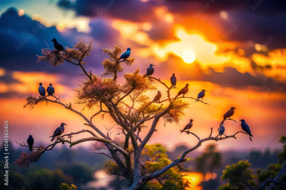 Fototapeta premium Beautiful Tilt-Shift Photography of Birds Perched on Tree Silhouettes at Sunset, Capturing Nature's Serenity and Tranquility with Stunning Depth of Field Effects and Vivid Colors