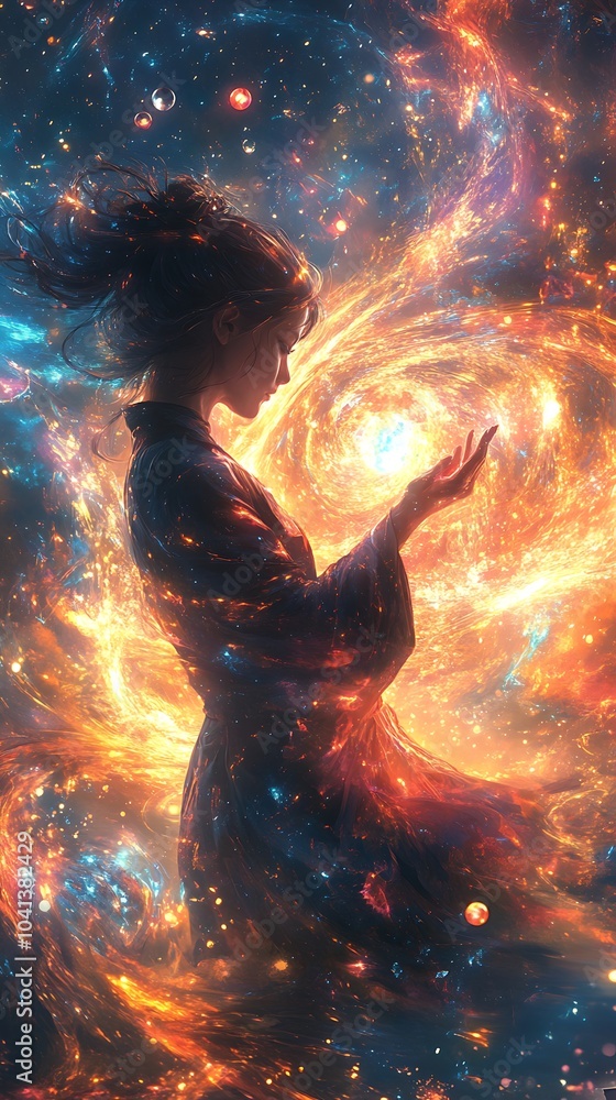 Naklejka premium A mystical anime girl summoning a spell, glowing orbs of light spinning around her hands, vibrant magical energy swirling in the air, her robes and hair flowing as the spell intensifies,