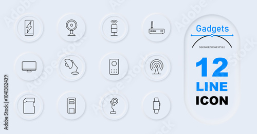 Gadgets set icon. Power bank, smartwatch, desktop computer, touchscreen, pointing hand, processor chip, smartwatch, home speaker, smartphone, wireless charger. Electronics, modern gadgets