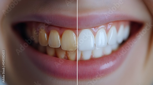 Before-and-after photo comparison of teeth whitening, highlighting the noticeable change from yellowish discoloration to bright, pearly white teeth photo