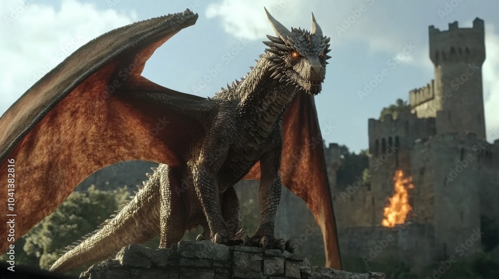 Naklejka premium A dragon atop an ancient castle exhaling a stream of fire