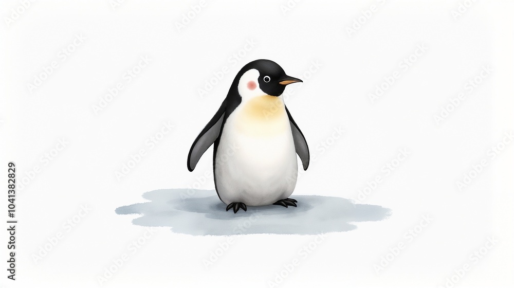 Fototapeta premium A cute and playful penguin stands on a smooth, icy surface, showcasing its distinctive black and white plumage in a cheerful manner during a bright day