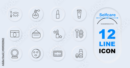 Selfcare icon. Mascara wand, perfume bottle, lipstick, face cream, moisturizer jar, stars on lipstick, beauty kit, mirror, facial mask, under-eye patches, skincare bottle. Beauty skincare essentials